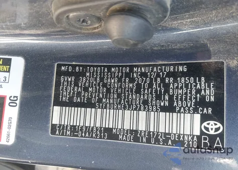 2018 Toyota Corolla Le из США, поврежденный, VIN 5YFBURHE3JP783985